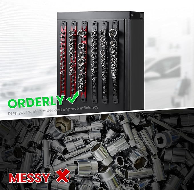 ALOANES 6-Piece Magnetic Socket Organizer, Heavy Duty Aluminum Socket Rails Organizer, 360째 Swivel Clips Socket Holder Kit for Tool Box, 1/2, 3/8, 1/4-Inch Socket Holder x 80 Clips (Black)