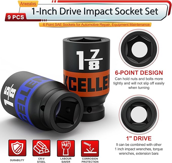 9 Pieces 1-Inch Drive Impact Socket Set, 1" to 2" Jumbo Socket, 6 Point SAE Sockets for Automotive Repair, Equipment Maintenance