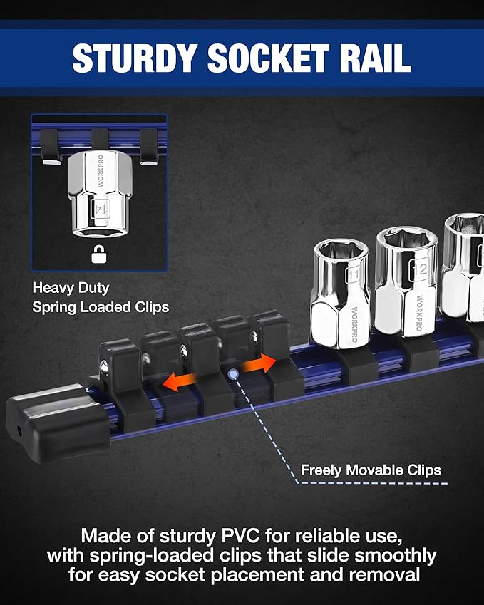 WORKPRO 3/8" Drive Socket Set, 10-Piece Metric CR-V Socket Set with Sturdy Socket Organizer, 6-Point Standard & Shallow Sockets 7mm to 17mm, External Hex Socket Set with Socket Rail for Anti Rolling