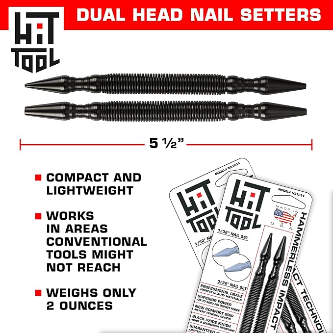 HIT Tool Pro Finish Kit includes 1/32"(#1), 2/32"(#2), 3/32"(#3), 4/32"(#4) Combination Nail Setters (2 Piece) Hammerless Spring Punch Set