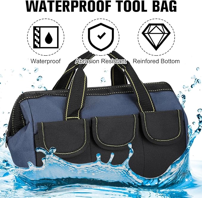 Sanwuta 3 Pack Tool Bag for Men with Waterproof Hard Bottom, Heavy Duty Tool Bag Wide Mouth Tote for Various Instrument, Electrician Carpenter Mechanic(Blue,18 Inch,Classic)