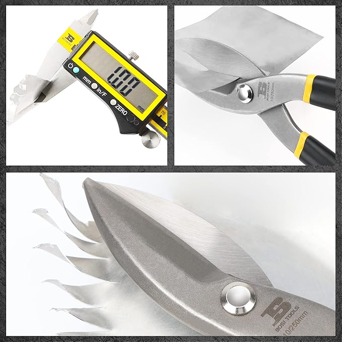 10 Inch Straight Pattern Tin Snips Metal Cutters, High Strength Forged and Heat Treated Carbon Steel with Comfortable Black Rubber Handle