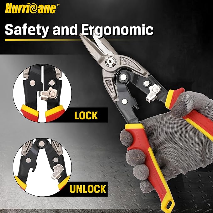 HURRICANE 10 Inch Aviation Snips with Safety Lock, CR-MO Blades Straight Cutting Metal Cutters in Sheet Metal, HVAC & Home DIY