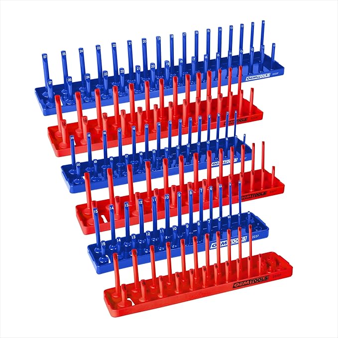 OEMTOOLS 22237 6 Piece SAE and Metric Socket Tray Set, SAE and Metric Socket Storage for Sizes 1/4", 3/8?? and 1/2" Drive, Socket Holders and Socket Organizer Tray for Toolbox, Red and Blue