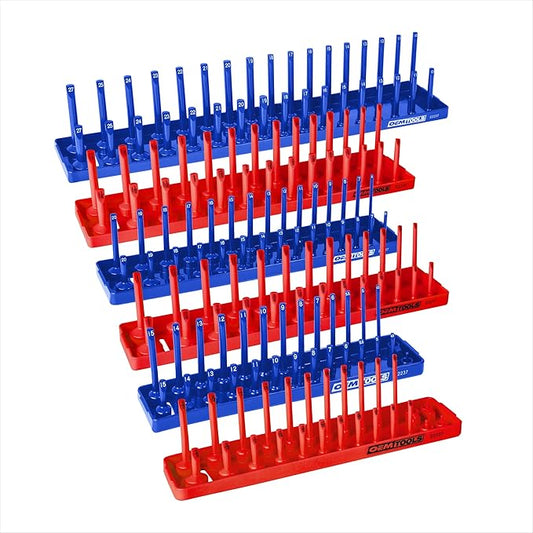OEMTOOLS 22237 6 Piece SAE and Metric Socket Tray Set, SAE and Metric Socket Storage for Sizes 1/4", 3/8?? and 1/2" Drive, Socket Holders and Socket Organizer Tray for Toolbox, Red and Blue