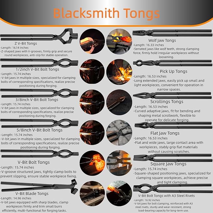 Blacksmith Tongs Set,13PCS Blacksmith Forge Kit for Beginner and Seasoned Blacksmiths, Craftsmen and Bladesmiths