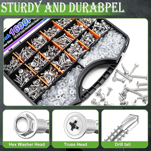mxuteuk 1170PCS #8#10 Self Tapping Screws,410 Stainless Steel Self Drilling Screws for Metal,Truss Head & Hex Head 1/2" to1-1/4'' Self Tapping Screw for Plastic with 370PCS Washer