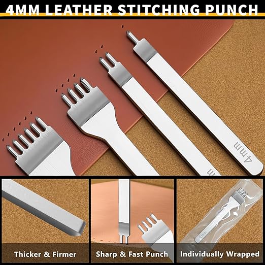 12 Pieces Leather Stitching Punch Circle Hole Cutter Tools Set, 4mm 1/2/4/6 Prong Punch Leather Chisel and 7 Pcs Circle Cutter Tools for DIY Leathercrafts, Belt, Watch Band, Strap