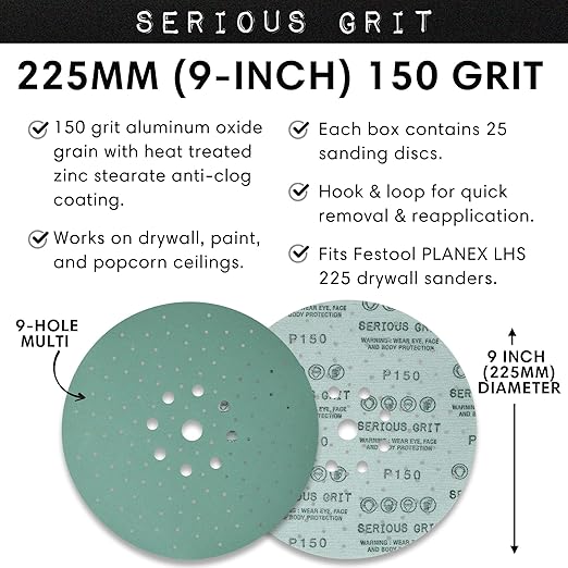 Serious Grit - 225mm 9-Hole 150 Grit Drywall Sanding Discs - Fits Festool Planex LHS 225 Sanders - Heavy-Duty Hook & Loop Film Abrasives - Dust-Free Multi-Hole Drywall Sander Sandpaper - 25 Pack