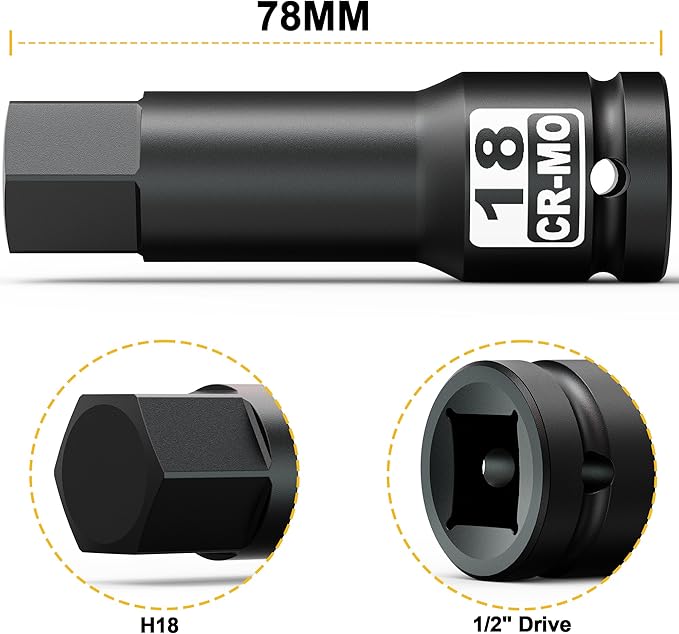 1/2" Drive 18 mm Hex Impact Bit Socket, H18 Allen Bit Socket, Metric, Cr-Mo Steel, Automotive Repair Industrial Maintenance and DIY Enthusiasts Alike