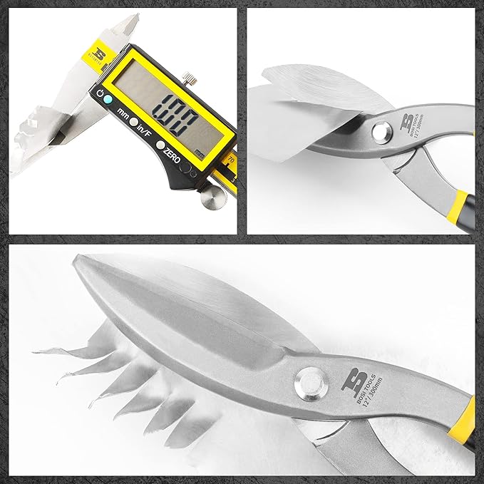 Tin Snips 12 Inch Flat Blade Metal Cutters Straight Shears Heavy Duty Drop Forged Carbon Steel Blade with Comfortable Rubber Dipped Handle for Cutting Sheet Metal