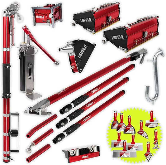 LEVEL5 Full Taping Set w/ 10/12" Mega Boxes | Automatic Taper, 3" Corner Finisher, Corner Roller, 7" Corner Applicator and Ext. Handles | Sheetrock Gyprock Wallboard | 4-607