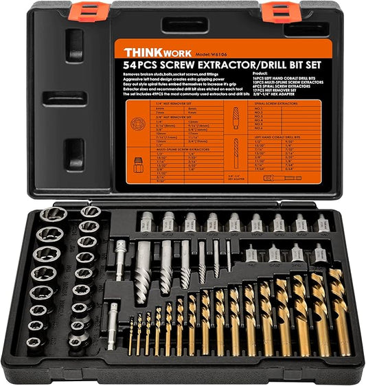 THINKWORK Broken Bolt Extractor Kit, 54 Pieces Easy Out Screw Extractor Set, Lug Nut Removal Tool with Left Hand Drill Bit Set for Removing Damaged, Frozen, Rusted, Rounded-Off Bolts, Nuts & Screws