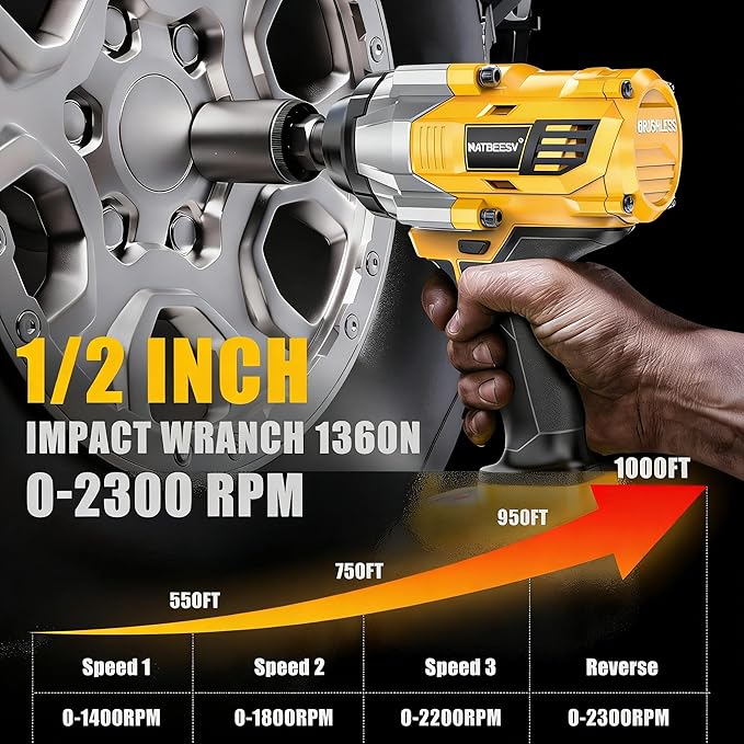 Impact Wrench Compatible with DeWalt 20V Battery: 1/2 Inch Hog Ring Impact Driver High Torque - 1360N.m/1000Ft-lbs Cordless Impact Gun - Brushless Motor with LED Light - Tool Only