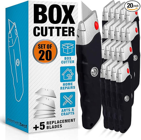 Internet's Best Premium Utility Knife - Set of 20 - Retractable Razor Knife Set ??5 Extra Blade Refills - Box Cutter Locking Razor Knife ??Rubber Grip - Black