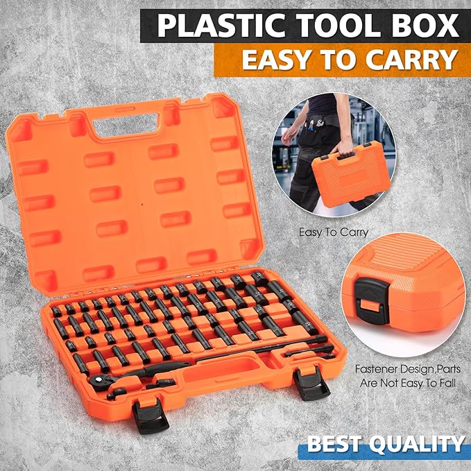 1/4" Drive Impact 56-Piece Socket Set, Standard SAE (5/32 to 9/16 inch) & Metric (4-15mm), 6 Points, CR-V, 1/4-Inch Drive Ratchet Handle, Drive Extension Bar & Impact Universal Joint with Case