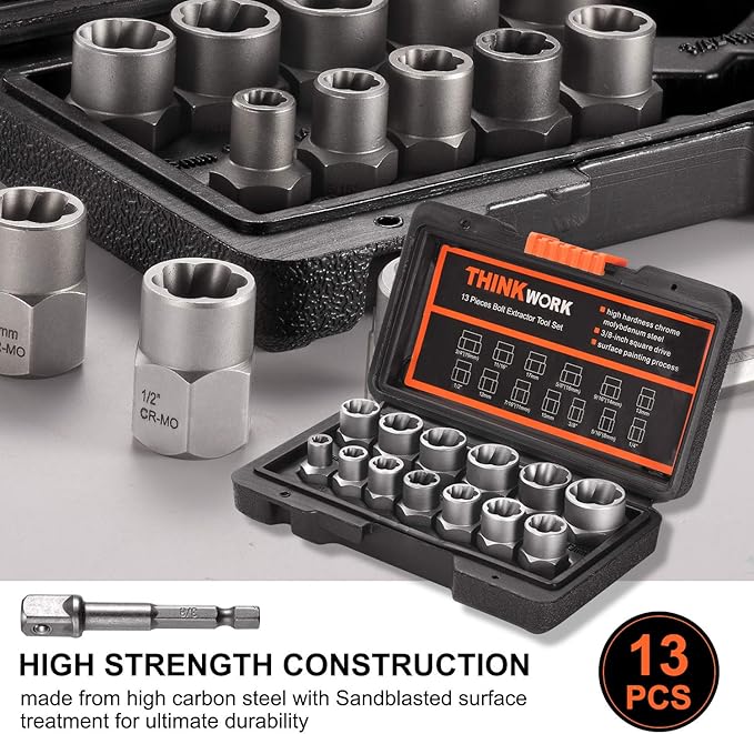 THINKWORK Bolt Extractor Kit, 13+1 Pieces Nut Extractor Socket Set, 3/8" Drive Rounded Bolt Remover, Lug Nut Removal Tool for Damaged, Rusted, Rounded-Off, Stripped Fasteners