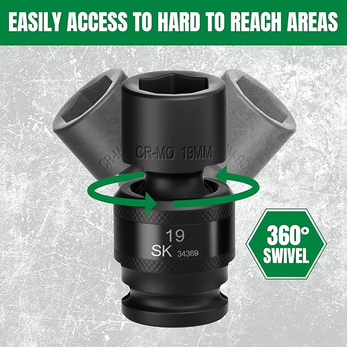 SK 1/2" Drive Universal Swivel Impact Socket Set, Metric Socket Set, 10-Piece, Premium CR-MO Steel, SureGrip 6 Point Design, with Storage Case