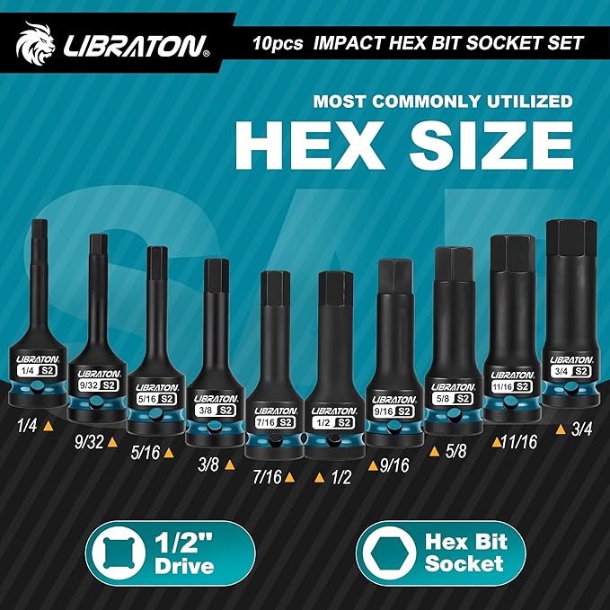 LIBRATON Impact Hex Bit Socket Set, 1/2" Dr, S2 Steel, 10PCS High Torque Sockets (SAE 1/4"-3/4") for Professional Mechanics & Automotive Repair (XPE Storage Case)