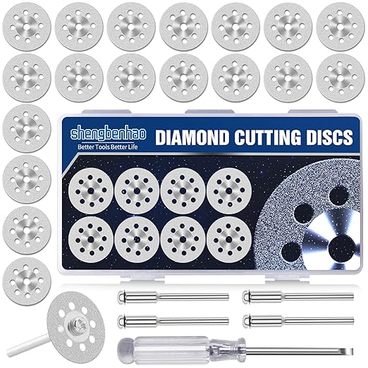 22mm 20Pcs Diamond Cutting Wheel 545 Cut Off Discs Coated for Dremel Rotary Tool with 402 Mandrel (3mm) 4pcs and Screwdriver for Stone Glass Tile Marble Cutting (22mm)