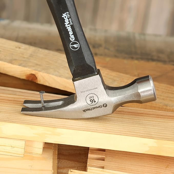 GreatNeck HG16S 16 Oz. Fiberglass Straight Claw Hammer, Carpenter & Contractor Tool for Framing, Building, & Ripping Nails, Durable Drop Forged Steel Hammer