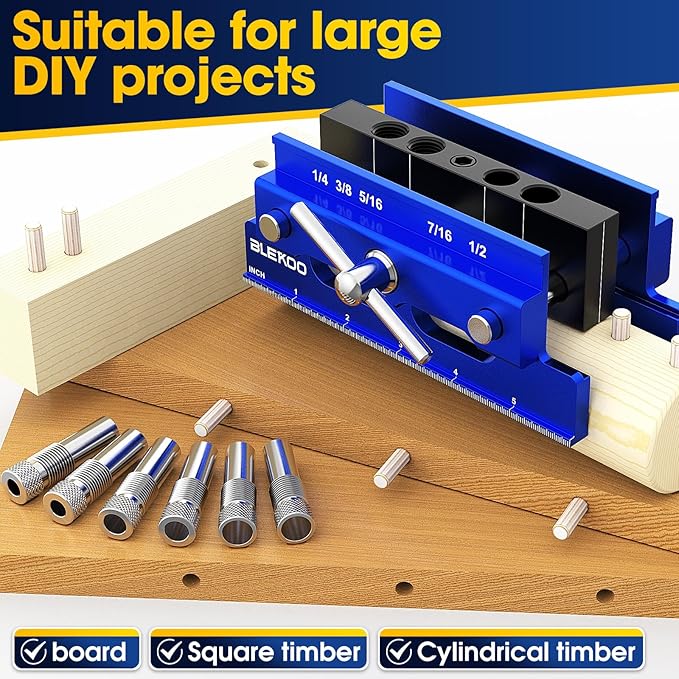 Self Centering Doweling Jig Kit, Power Tool Accessory Jigs with 5 SAE Drill Sizes 6 Drill Guide Bushings, Adjustable Width Drilling Guide Power Tool Accessory Jigs (Blue)