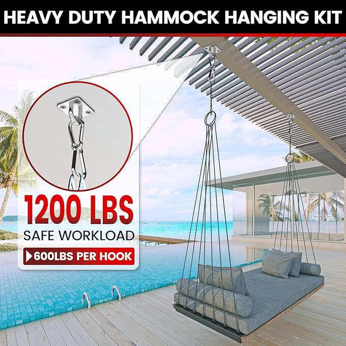 sprookber 304 Stainless Steel Pad Eye Snap Hooks, M8 Heavy Duty Ceiling Hooks, 1200 lb Capacity Hammock Swing Hanging kit, Plant Hangers, Marine Hardware Staple Hook Loop with Screws, Set of 8