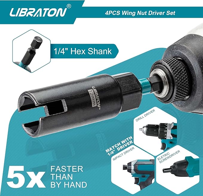 Libraton Wing Nut Driver 4PCS, Wing Nut Driver Bit, 1/4??Hex Shank Wing Nut Driver Set 9mm 12mm 15mm 18mm, Nut Driver Set with EVA Storage for Hook Bolt Installation, Wire Twisting