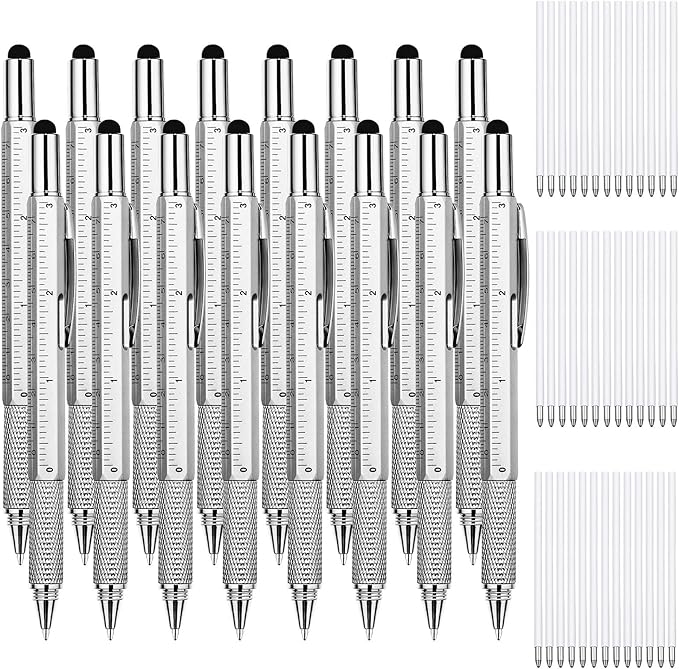 Zhanmai 16 Pcs Multitool Pens 6 in 1 Multi-tool Pen Set with Refills for Men's Birthday Gifts, Christmas Stocking Stuffers for Men Dad Husband (Silver Color)