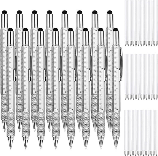 Zhanmai 16 Pcs Multitool Pens 6 in 1 Multi-tool Pen Set with Refills for Men's Birthday Gifts, Christmas Stocking Stuffers for Men Dad Husband (Silver Color)