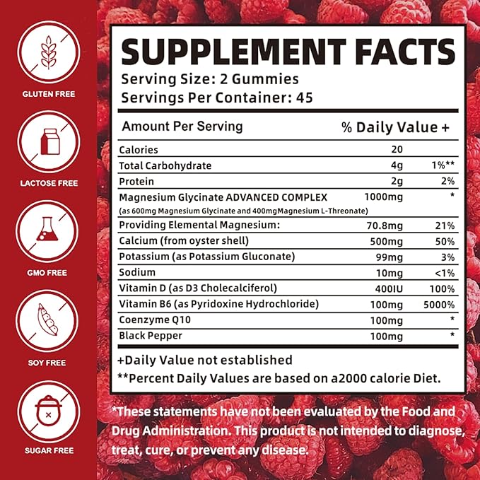 Magnesium Glycinate Gummies 1000mg with Magnesium L-Threonate,Chelated Magnesium Potassium Complex Supplement with VitD, B6, CoQ10, Calcium,Supports for Memory, Calm, Mood - 180 Gummies Raspberry