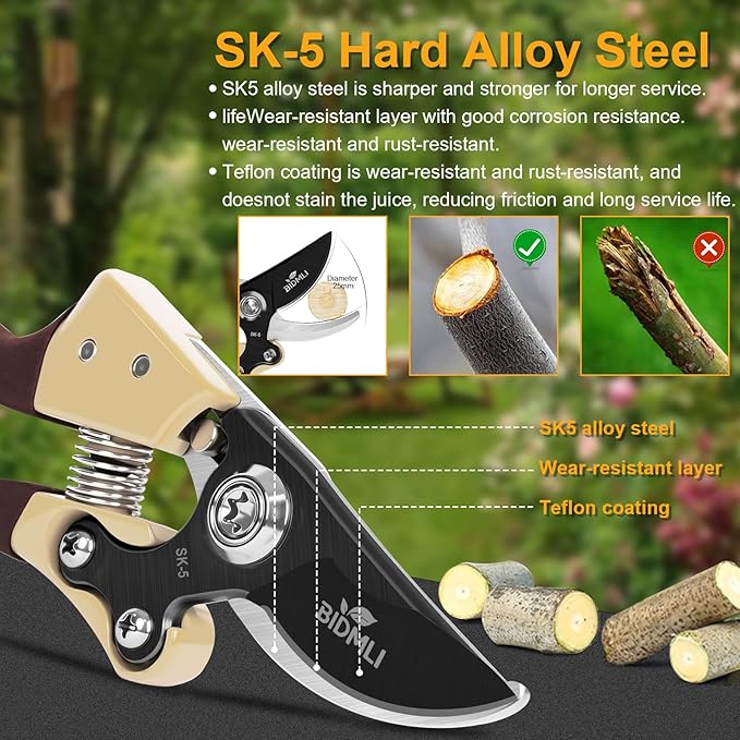 Heavy Duty Pruning Shears竊똆arden Scissors & Clippers with Red-BIDMLI 8.66" SK5 Steel Blades & Aluminum Alloy Handles, Tree Branch Cutter, Ideal for Thick Branches, Dry Twigs, Flower Pruning Tool.