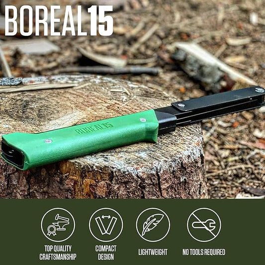 AGAWA - BOREAL15-15 Inch Folding Saw with All-Purpose Saw Blade - Camping Gear For Hiking, Fishing, Hunting, Bushcraft & Survival Kit (Black Frame/Green Handle)