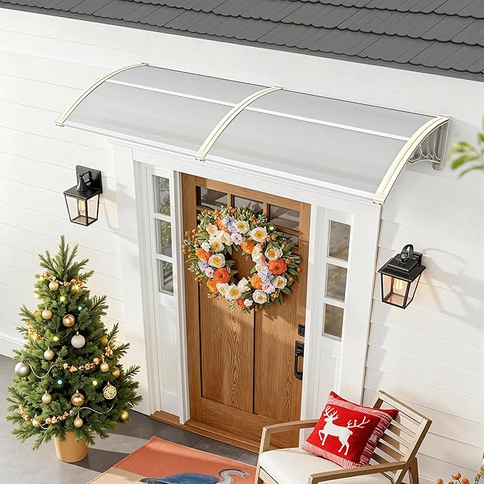 MCombo 78.2" x 37.8" Window Awning Outdoor Polycarbonate Front Door Patio Cover Garden Canopy, 6055-4080(Clear Board with White Bracket)