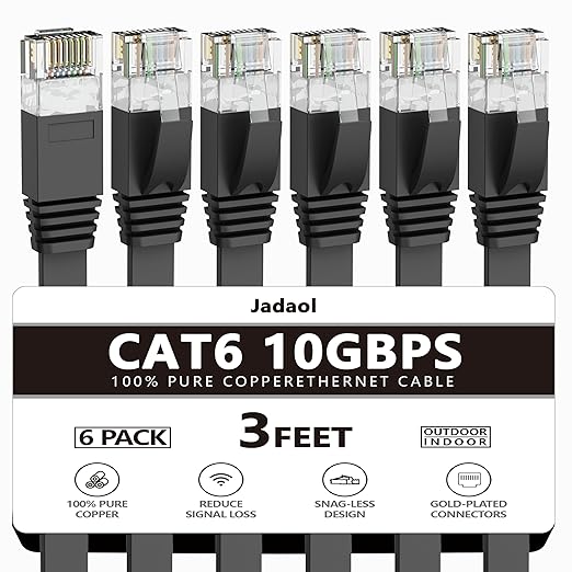 Jadaol Cat 6 Ethernet Cable 3 ft 6-Pack, 10Gbps Support Cat8 Cat7 Network, Flat High Speed LAN Internet Patch Cables, Short Ethernet Cables for Router, Modem, Switch, PC, Laptop, Gaming Console, Black