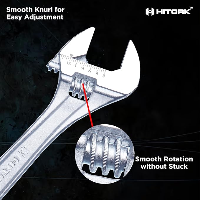 Hitork 3-Piece Adjustable Wrench Set 6-Inch, 8-Inch, 10-Inch, Chrome-Plated Cr-V Steel, Wide Opening Jaws, Laser Etched SAE & Metric Scale, Polished Head, Smooth Knurl, Roll Pouch Included