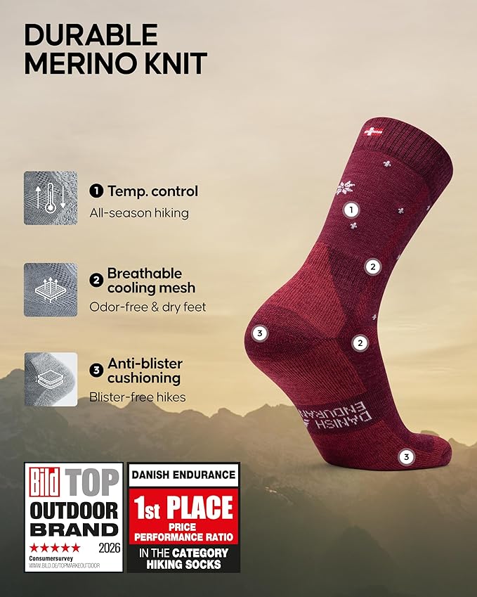 DANISH ENDURANCE Merino Wool Hiking Crew Socks for Men & Women, Cushioned Anti-Blister, Breathable - 3 Pairs