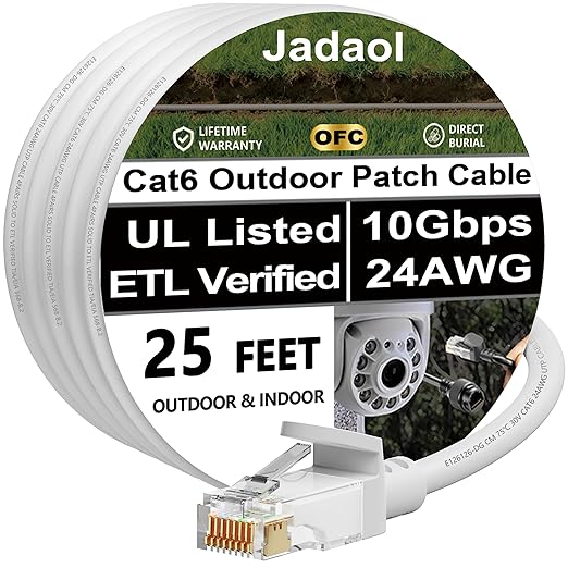 Jadaol Cat 6 Ethernet Cable 25ft, Outdoor&Indoor, 10Gbps Support Cat8/7 Network, 24AWG Pure Copper Patch LAN Cord, Direct Burial Waterproof In-Ground UV Resistant for Router, Modem, Switch, POE, White