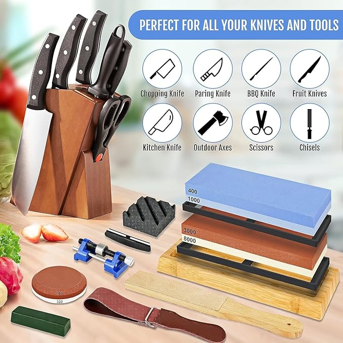 Knife Sharpening Stone Kit, 12pcs Dual Grit Whetstone 400/1000&3000/8000 White Corundum, Whetstone kit with Non-slip Bases, Flattening Stone, Angle Guide, Honing guide…
