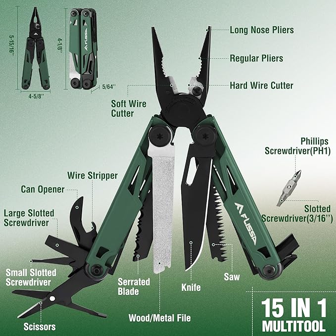 FLISSA Multitool, 15-in-1 Multi Tool Pocket Knife with Sheath, Stainless Steel EDC Multitool Pliers for Men, All-in-One Tools for Camping, Fishing, Survival ??Ideal Christmas Gift for Man