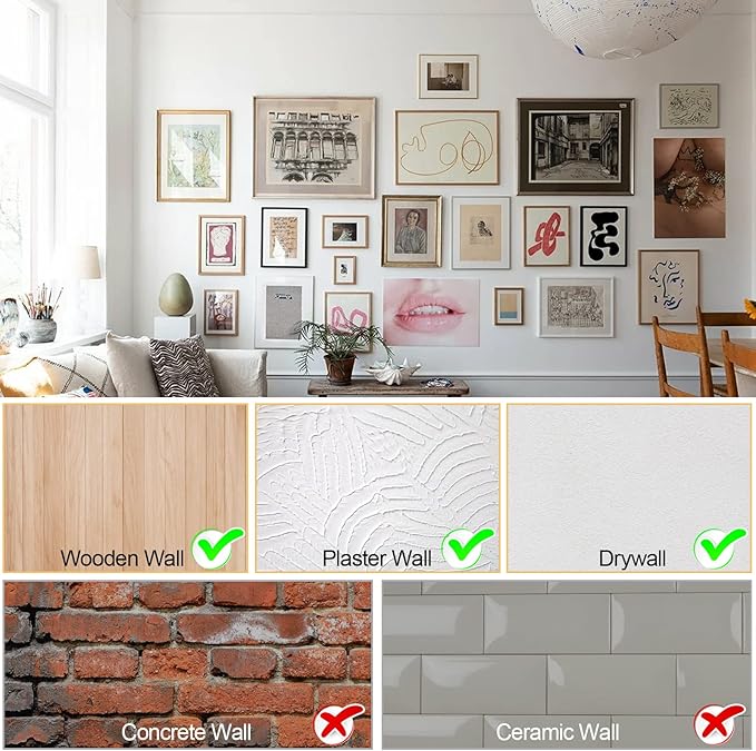 184 Pieces Picture Hanging Kit, 20lb, 30lb, and 50lb Picture Hangers, Metal Picture Hanging Hooks with Nails, on Drywall, Wooden Wall(Gold)