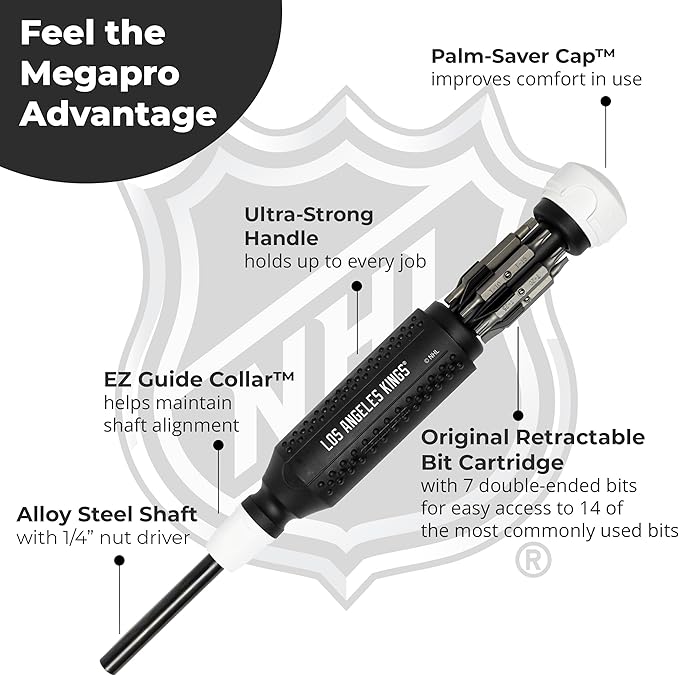 MEGAPRO짰 NHL짰 Team Edition Multi-bit Screwdriver | Officially Licensed NHL짰 Gear | Durable, Ergonomic, Pro-Grade Screwdriver (Los Angeles Kings짰)