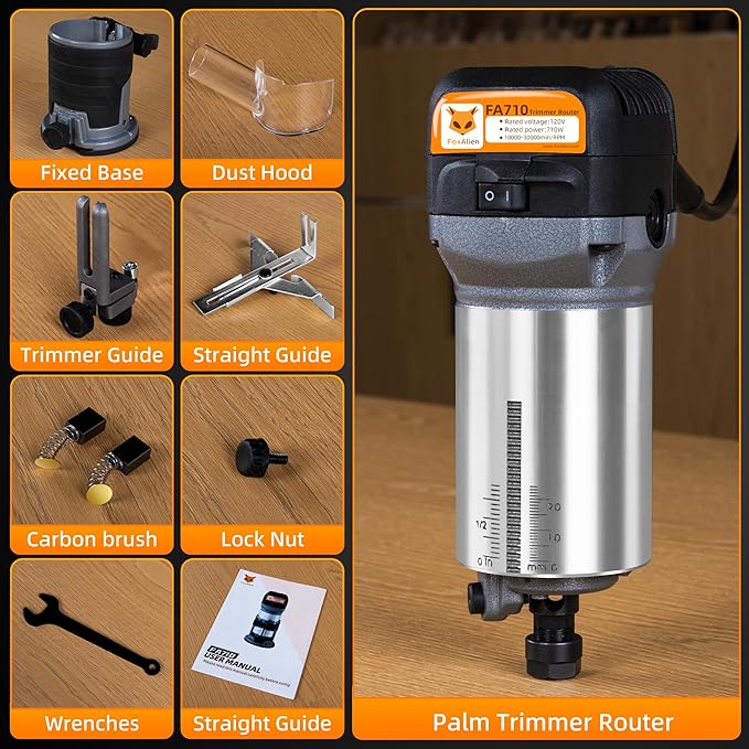 FoxAlien 1HP 710W 65mm Diameter Compact Palm Router for CNC Woodworking,6 Variable Speeds Max 30000 R/MIN Wood Trimmer with 1/4??Collet (110V)