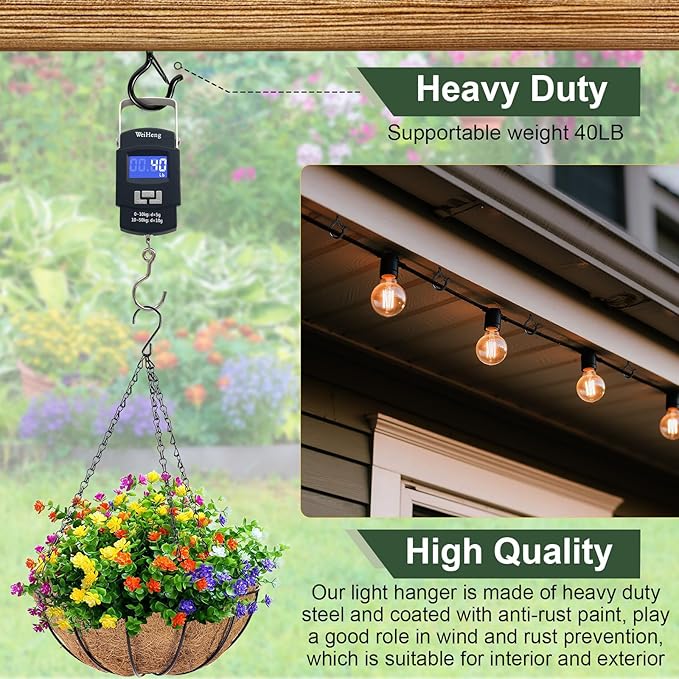 12PCS Q Hanger Hooks with Safety Buckle, Windproof Screw Hooks, Outdoor String Lights, Plants, Christmas Lights, Patio Lights Use, 2.2 Inches, Black with 1 Wing Nut Driver