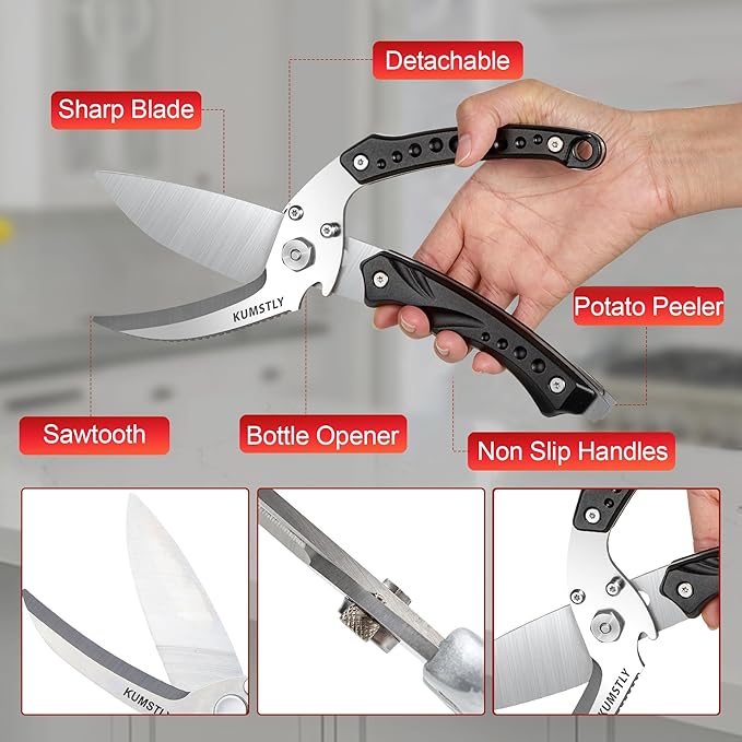 Heavy Duty Poultry Shears Professional Kitchen Scissors for Cutting Chicken, Turkey, Meat, Bones, Vegetables Stainless Steel Spatchcock Shears Multipurpose Food Scissors (Black)