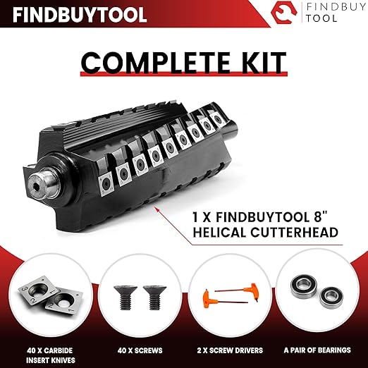 FINDBUYTOOL Helical Cutterhead for Delta DJ-20 8" Jointer - Carbide Insert Cutterhead Replacement for Models 37-350, 37-365X, 37-680, 37-680X - Includes 40 Knives, Screws, Tools & Bearings