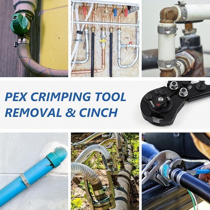 2 IN 1 Ratchet PEX Crimping Tool Kit - Cinch and Remove Dual Function Suitable for 3/8" to 1" Stainless Steel Clamps with Pex Cutter and Stainless Steel Pex Clamps 1/2" 25PCS, 3/4" 10PCS