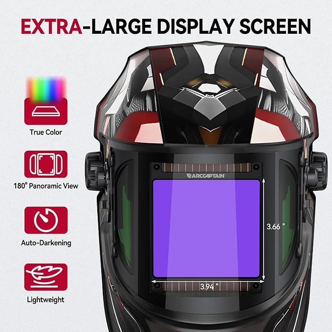 ARCCAPTAIN Auto Darkening Welding Helmet with Side View, 180째 Panoramic View, 1/1/1/1 True Color Large Viewing Welding Hood with 4 Arc Sensor Solar Powered, Wide Shade 4/5-9/9-13 for TIG MIG ARC CUT