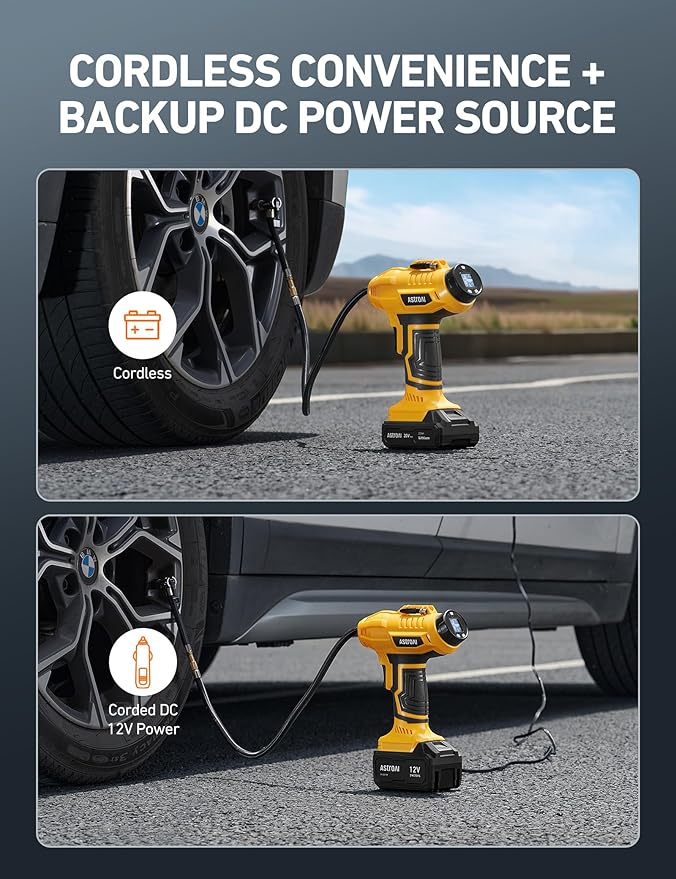 AstroAI Cordless Tire Inflator Air Compressor 20V Rechargeable Battery Powered 160PSI Portable Air Pump with 12V Car Power Adapter Digital Pressure Gauge for Cars Motorcycles JY16P160-18竊뉱2竊뎋ellow