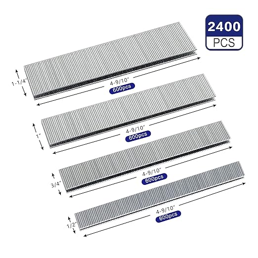 HW HAMWOO 18 Gauge 1/4" Narrow Crown Staples (1/2",3/4",1",1-1/4"),18GA Nail Gun Nails Assorted, Suitable for Most Brand of 18 Gauge Pneumatic and Electric Stapler Nailer (2400-Pack)